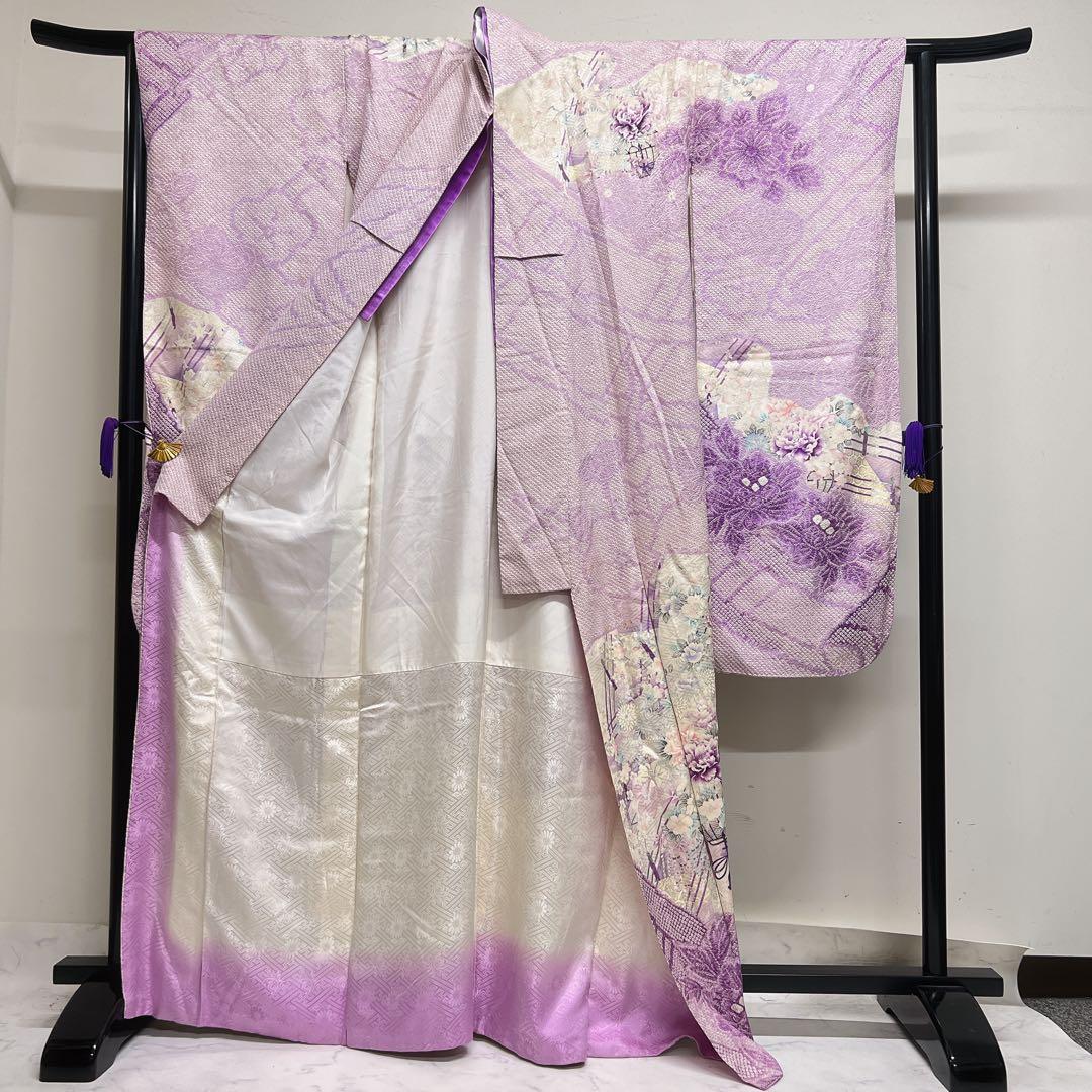 振袖　総絞り　銀彩　牡丹　梅花　薄紫　成人式　着物　125tz
