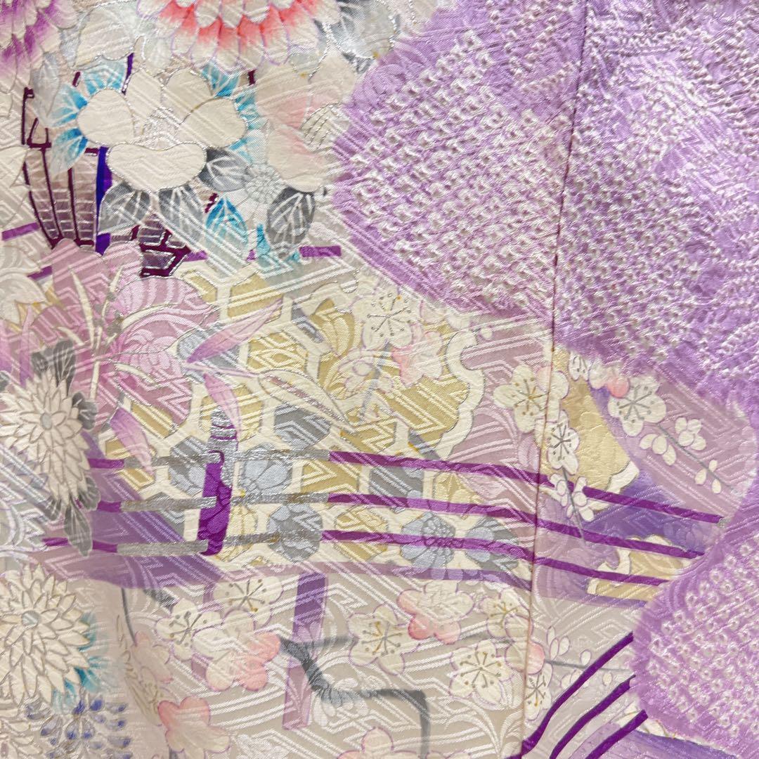 振袖　総絞り　銀彩　牡丹　梅花　薄紫　成人式　着物　125tz