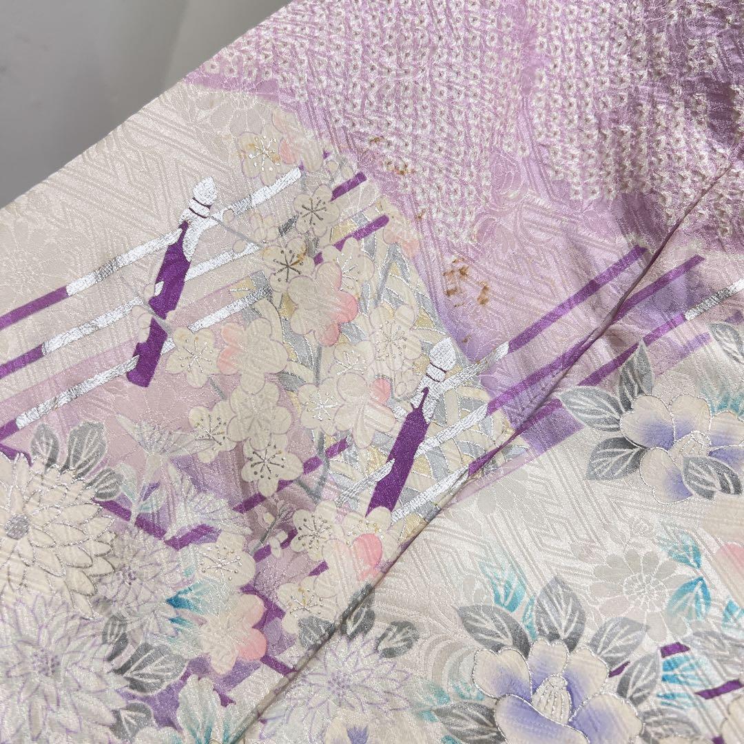 振袖　総絞り　銀彩　牡丹　梅花　薄紫　成人式　着物　125tz