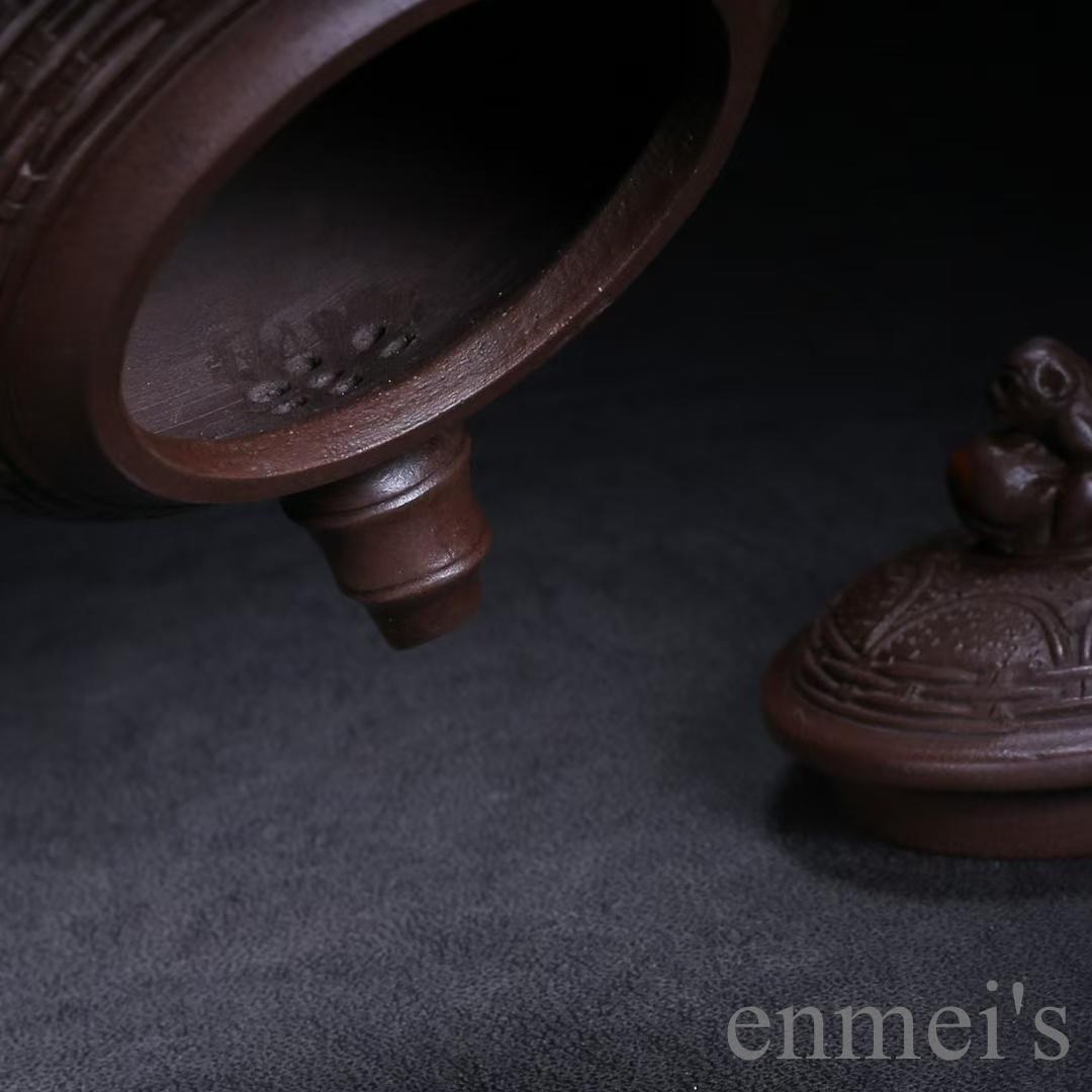 中国古美術 宜興 紫砂壺 靈猴献瑞壺 底款:汪寅仙 原鉱紫泥 急須 茶壺 唐物