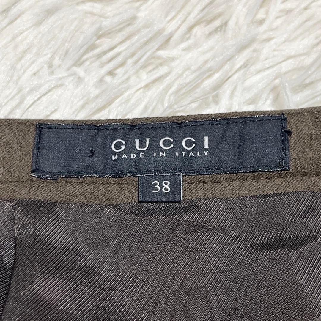 美品✨ GUCCI プリーツスカート ビット レザー 金ボタン ウール カーキ