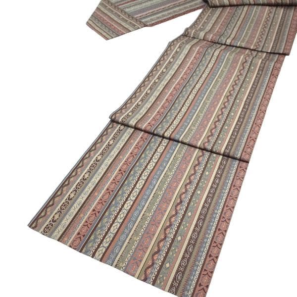 名古屋帯 八寸 本場筑前博多織 博多織 全通 縞 草花 七宝 中古 kp2305