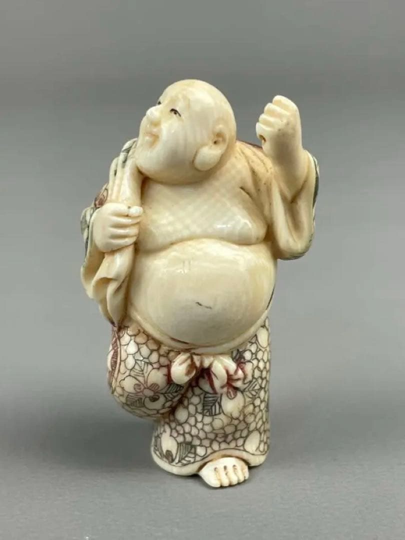 時代根付 極上細密彫り白材 マンモス牙製 作家物 天然素材 在銘 正光 布袋