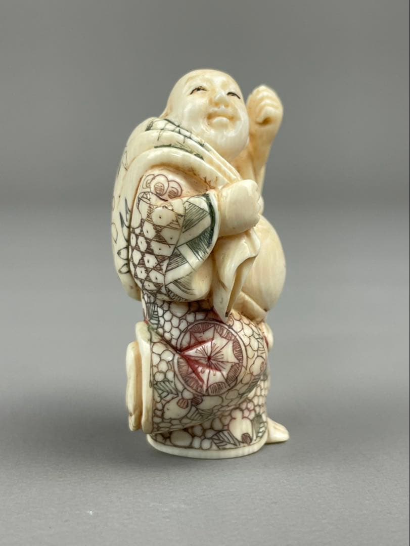時代根付 極上細密彫り白材 マンモス牙製 作家物 天然素材 在銘 正光 布袋