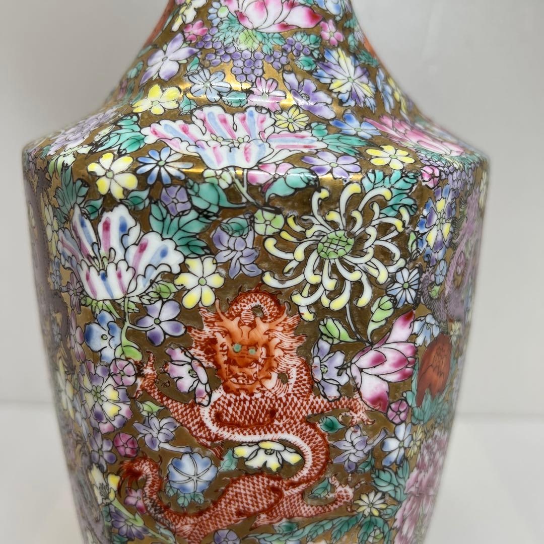 中国美術　粉彩　花と龍図花瓶　高さ44㎝　東Y7-0530③タサオ