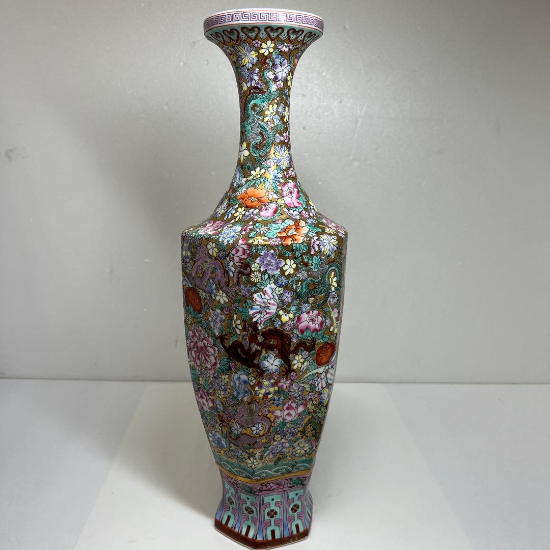 中国美術　粉彩　花と龍図花瓶　高さ44㎝　東Y7-0530③タサオ