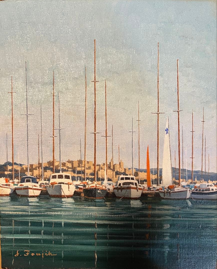 藤飯治平　油彩画 ヨットと港の風景