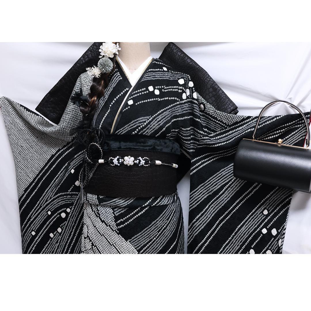 【美品】 振袖6点セット ◆丈157cm◆黒フルセット総絞り正絹帯新品Tc11