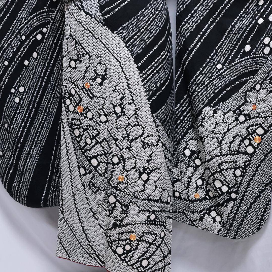 【美品】 振袖6点セット ◆丈157cm◆黒フルセット総絞り正絹帯新品Tc11