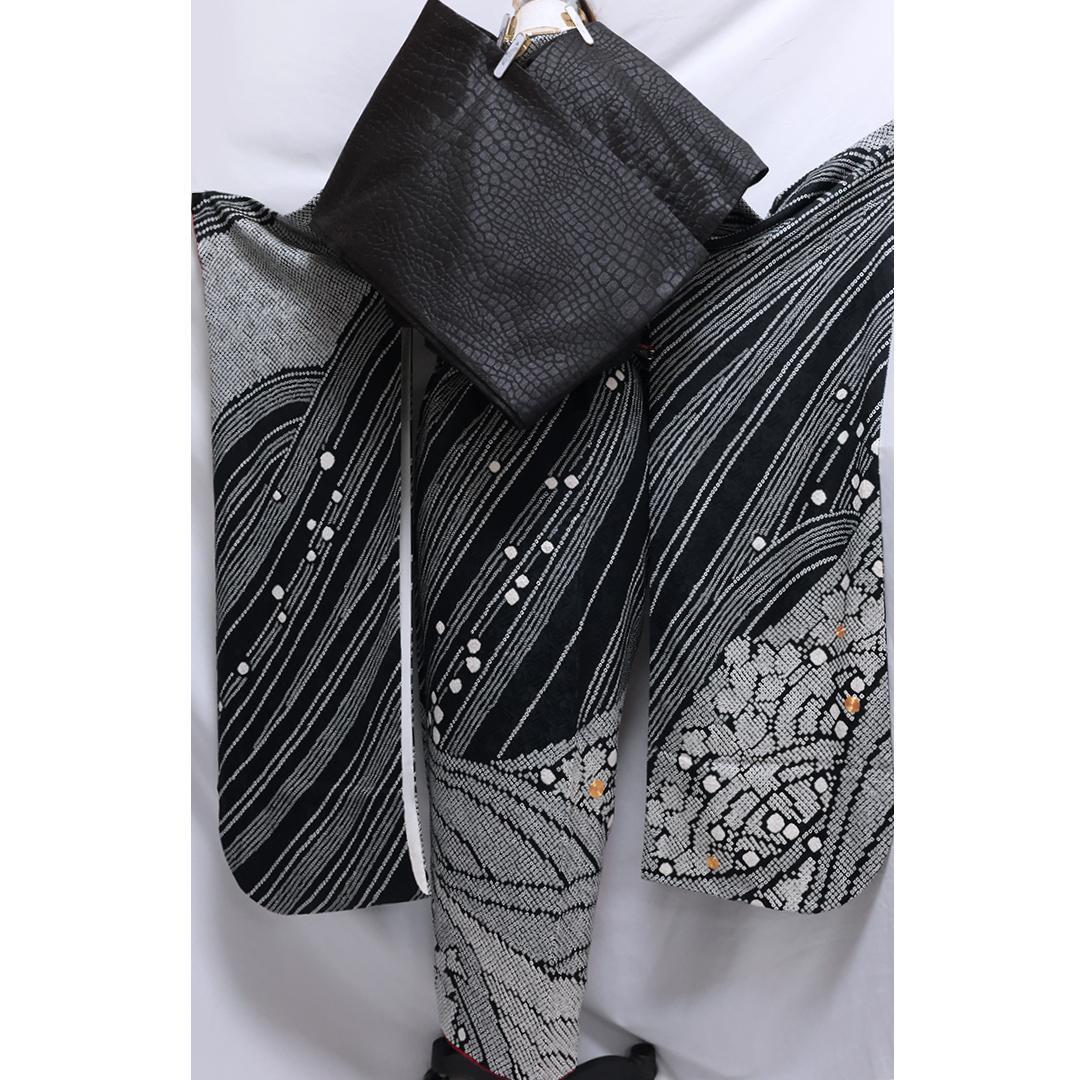 【美品】 振袖6点セット ◆丈157cm◆黒フルセット総絞り正絹帯新品Tc11