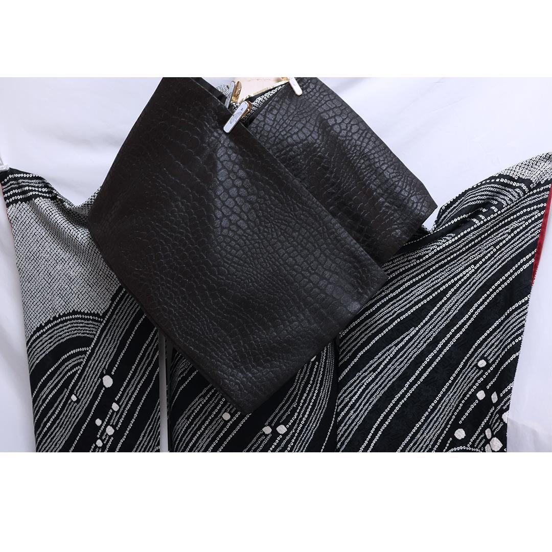 【美品】 振袖6点セット ◆丈157cm◆黒フルセット総絞り正絹帯新品Tc11