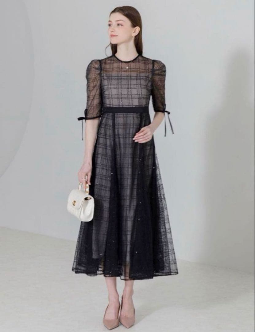 leja チェックスパンコールリボンワンピースドレス結婚式 パーティー 二次会