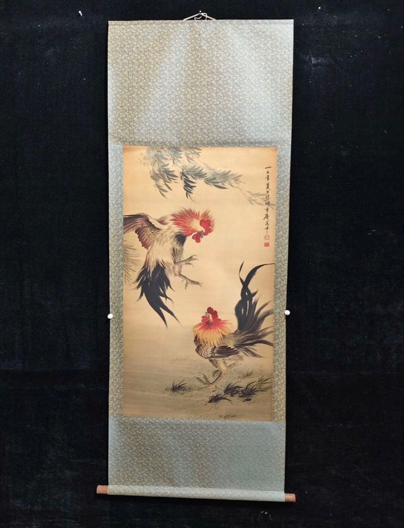 徐悲鴻《雄鶏図》　四尺中堂　掛軸　中国名人書画　絹本 壁掛け装飾