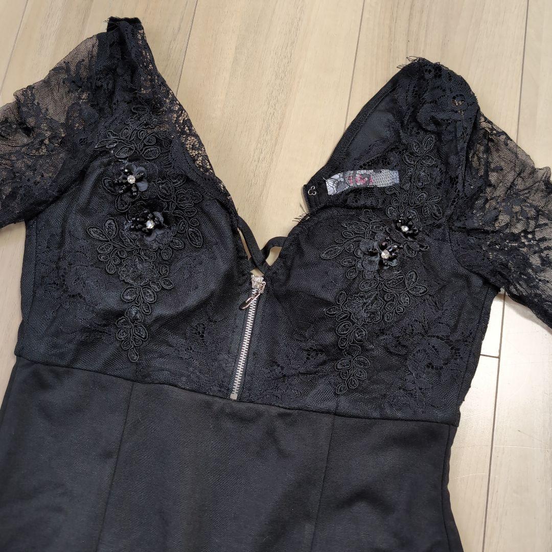 新品ブラックレース袖スリットドレス