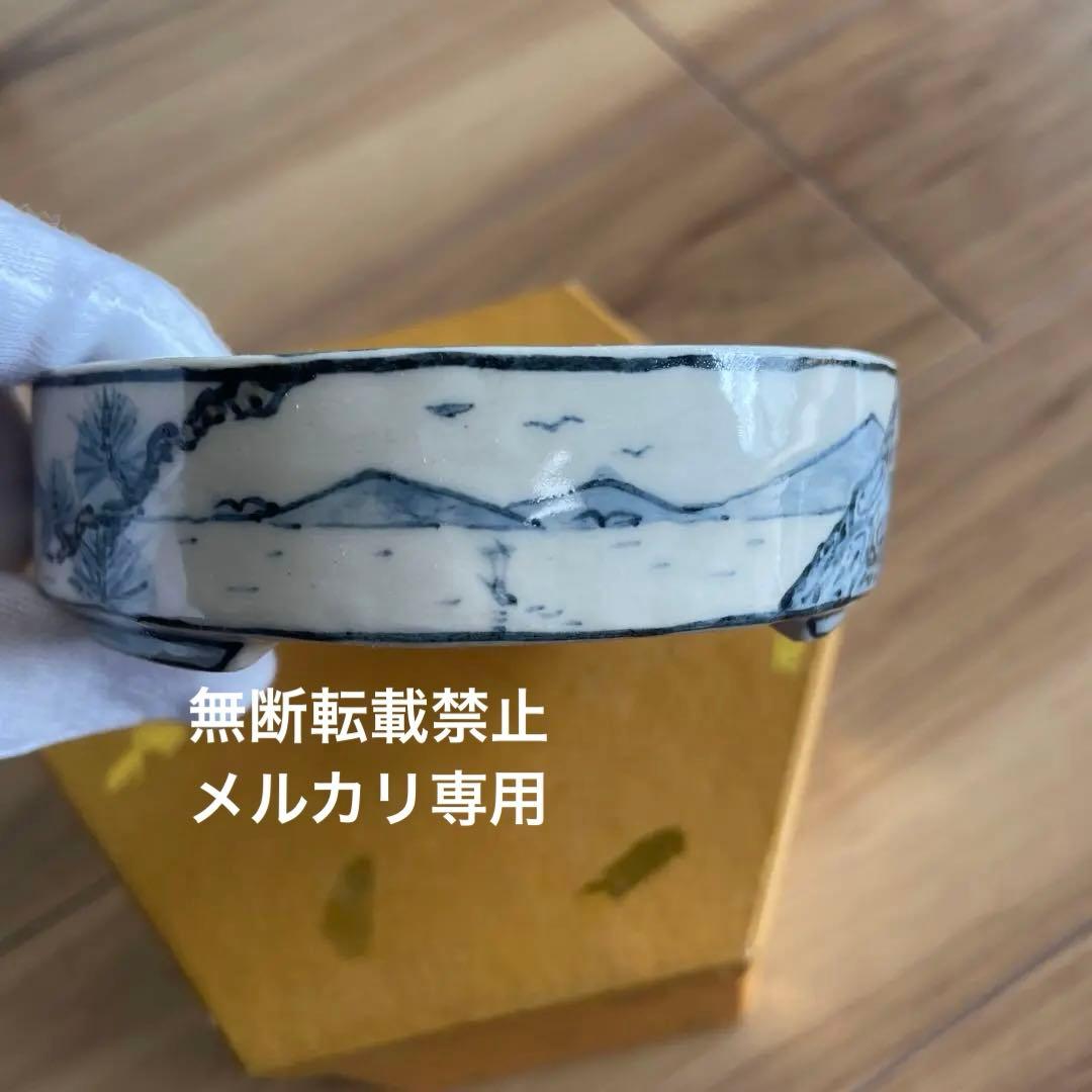 盆栽鉢　桑津香石　絵鉢　楕円形　浅型　山野草　小品盆栽