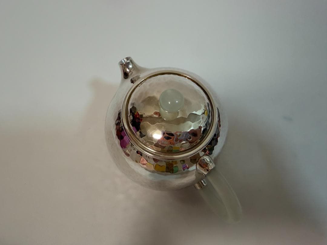 純銀製 丸形 玉石摘 鎚目紋 急須 銀瓶 煎茶道具