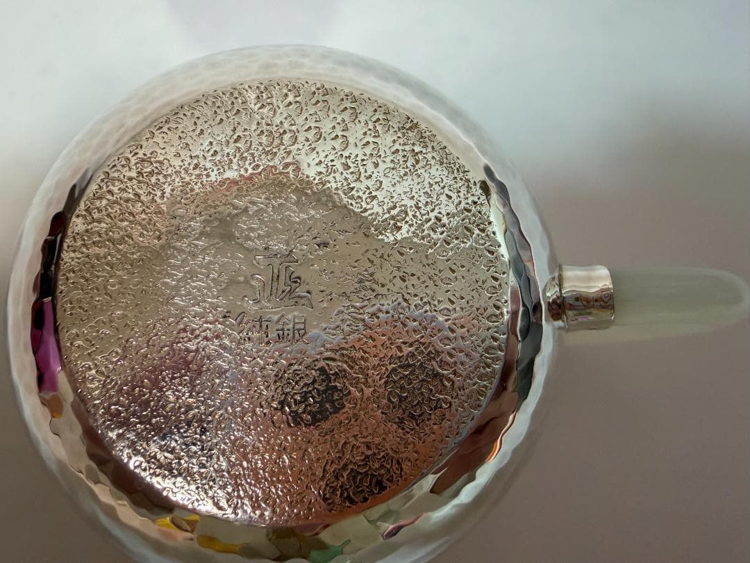 純銀製 丸形 玉石摘 鎚目紋 急須 銀瓶 煎茶道具