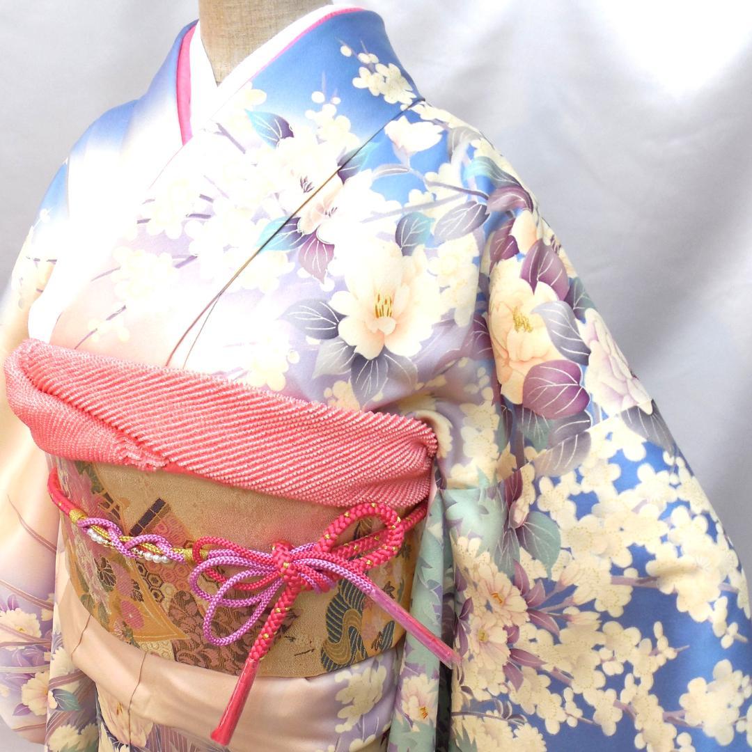 美品★振袖フルセット　正絹　成人式　振袖　7点セット　Mサイズ　水色　花柄