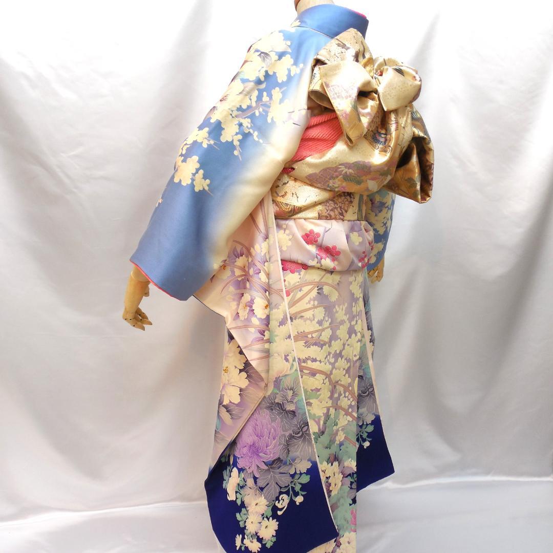 美品★振袖フルセット　正絹　成人式　振袖　7点セット　Mサイズ　水色　花柄