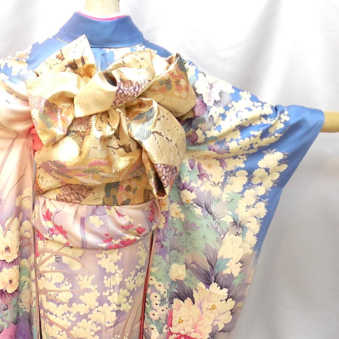 美品★振袖フルセット　正絹　成人式　振袖　7点セット　Mサイズ　水色　花柄