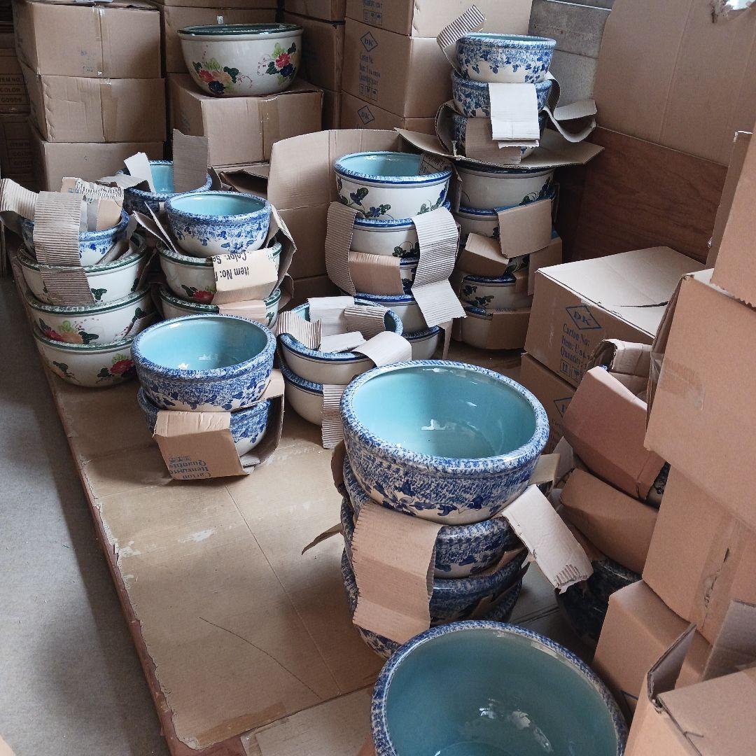 新品　∅50　陶器　睡蓮鉢　特大　難有　メダカ鉢　手書き絵　花柄　手造　LFB1