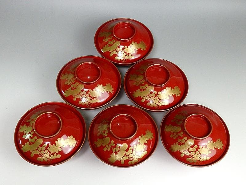 金蒔絵　 小菊の図　 朱塗吸物椀　木製品　６客　A- GGm