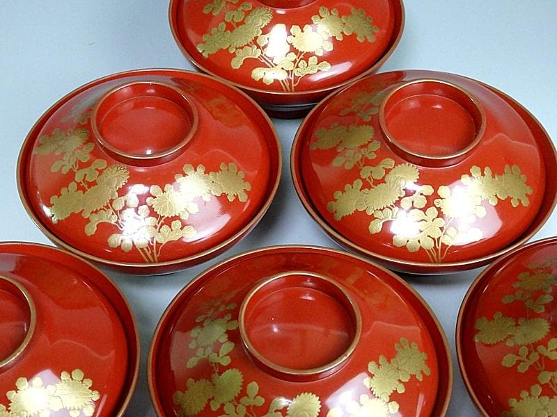 金蒔絵　 小菊の図　 朱塗吸物椀　木製品　６客　A- GGm