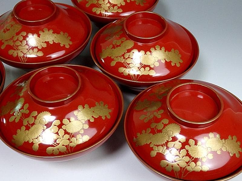 金蒔絵　 小菊の図　 朱塗吸物椀　木製品　６客　A- GGm