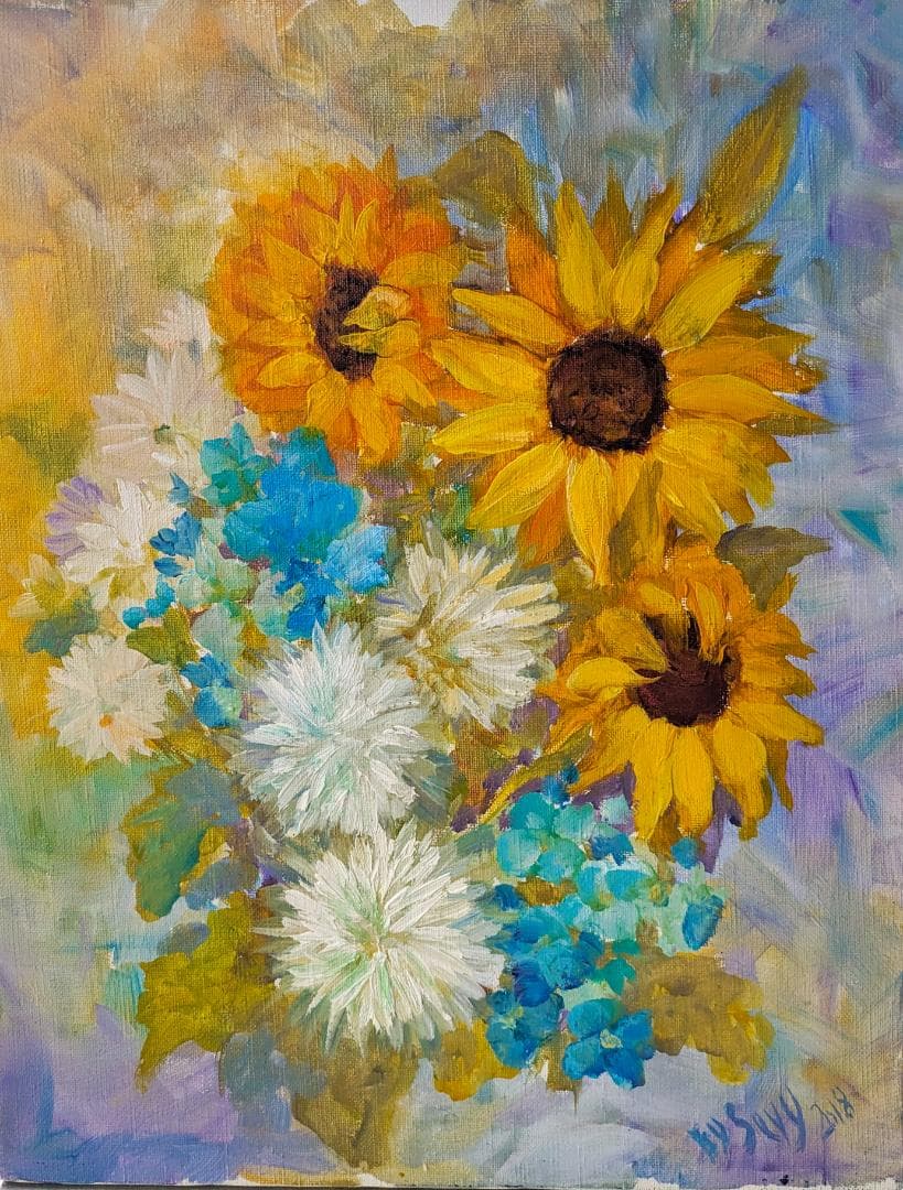 油絵, 夏, あじさい, ひまわり, ご機嫌