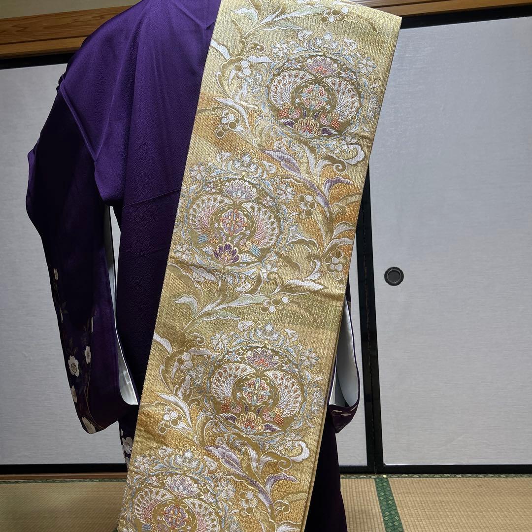 中古美品紫色の鶴と花の金彩友禅中振袖 と袋帯　長襦袢の3点セット