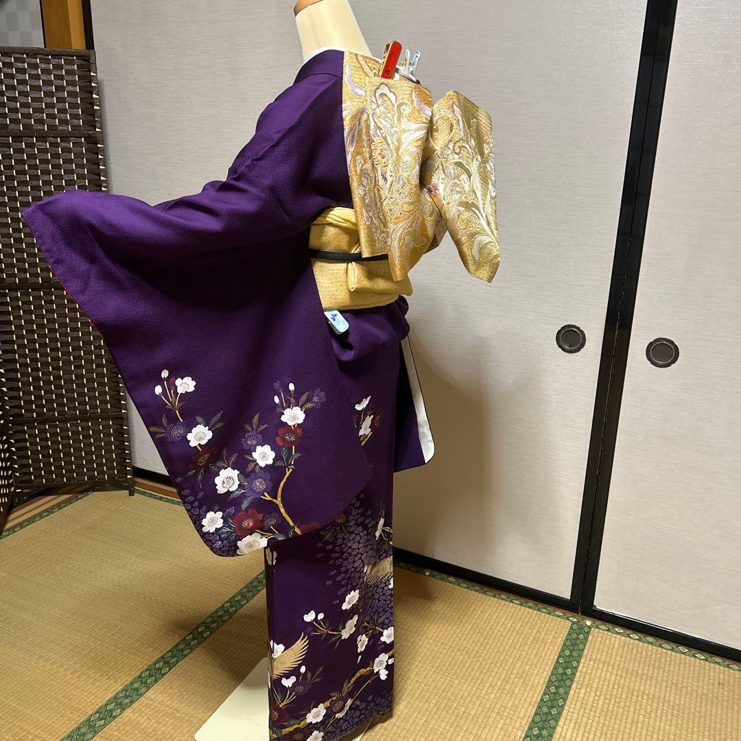 中古美品紫色の鶴と花の金彩友禅中振袖 と袋帯　長襦袢の3点セット
