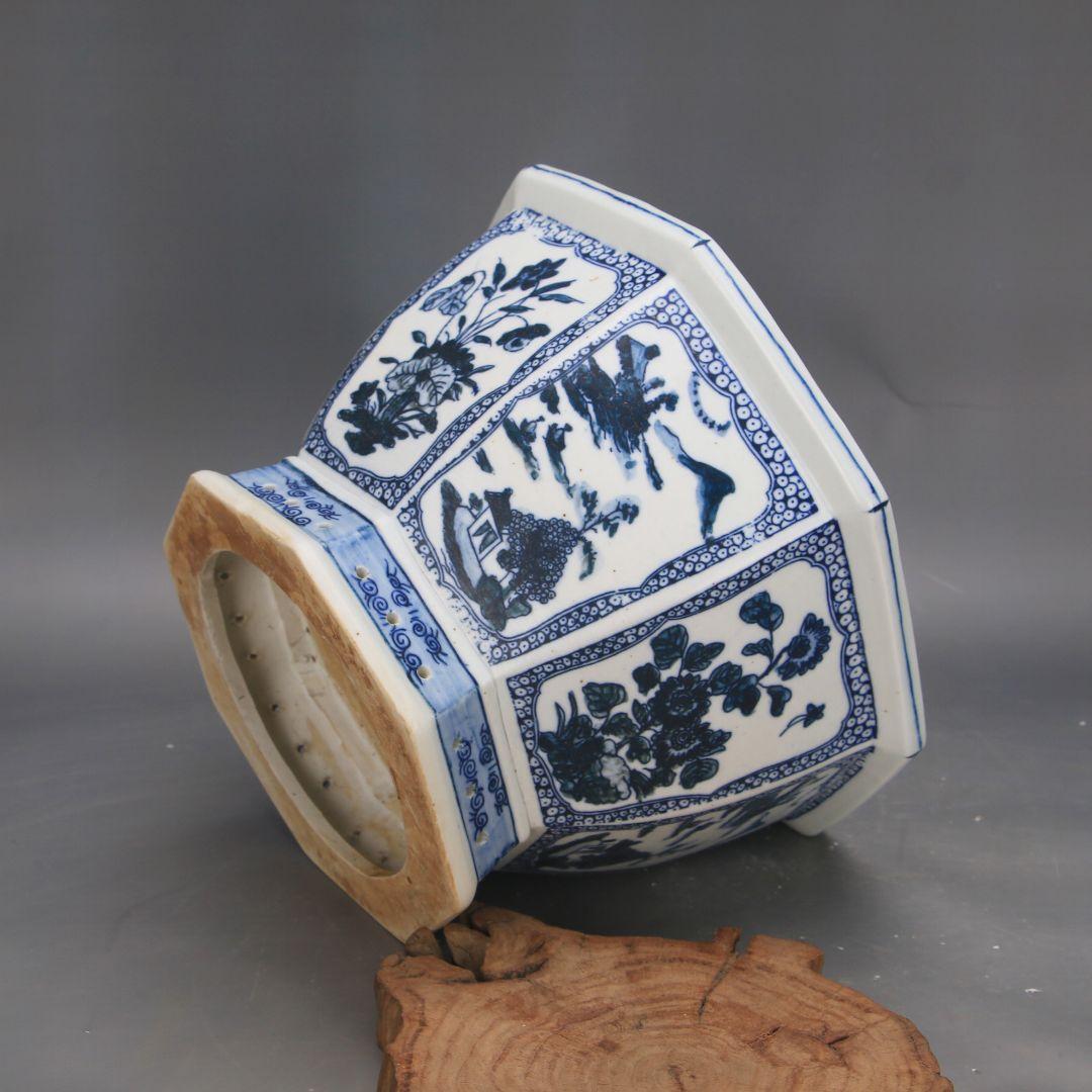 景徳鎮 陶磁器 青花磁器六方鉢 盆栽鉢 植木鉢 多肉植物鉢 小品盆栽鉢 山野草鉢