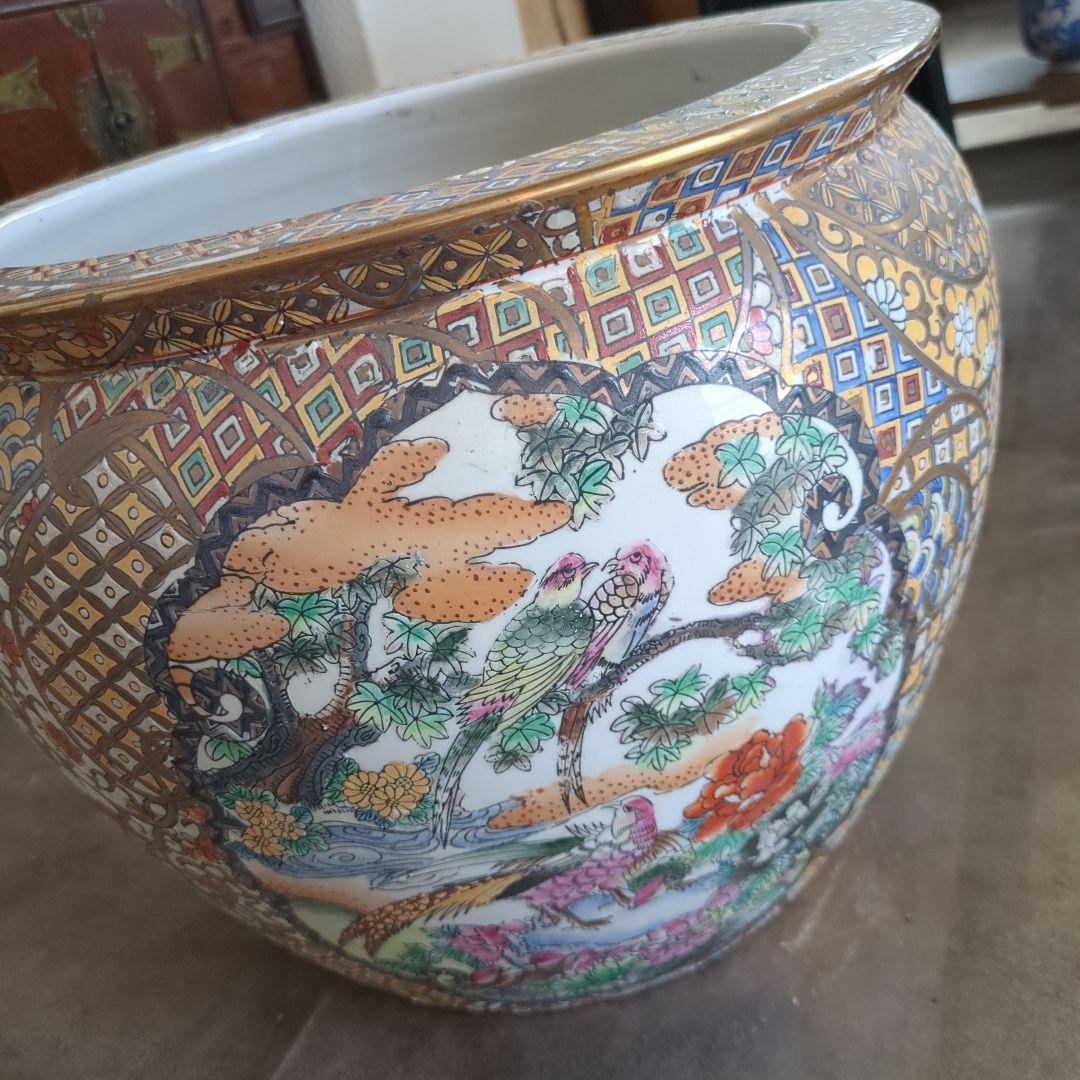 骨董 金魚 鉢 水鉢 めだか 睡蓮鉢 鉢カバー テーブル 金箔装飾 陶器鉢