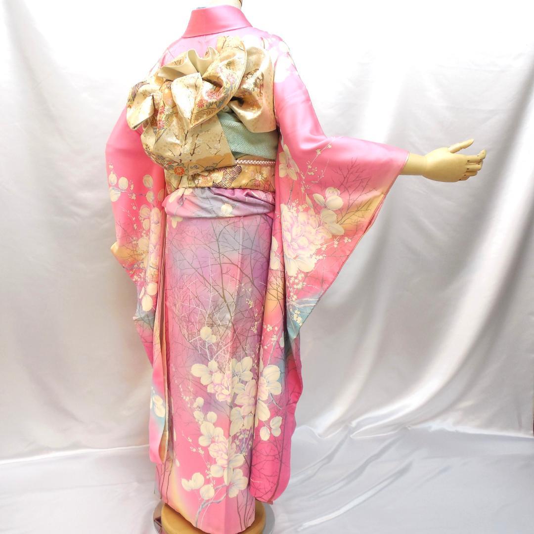 訳あり特価★美品　振袖フルセット　正絹　成人式　振袖　Mサイズ　ピンク　花柄