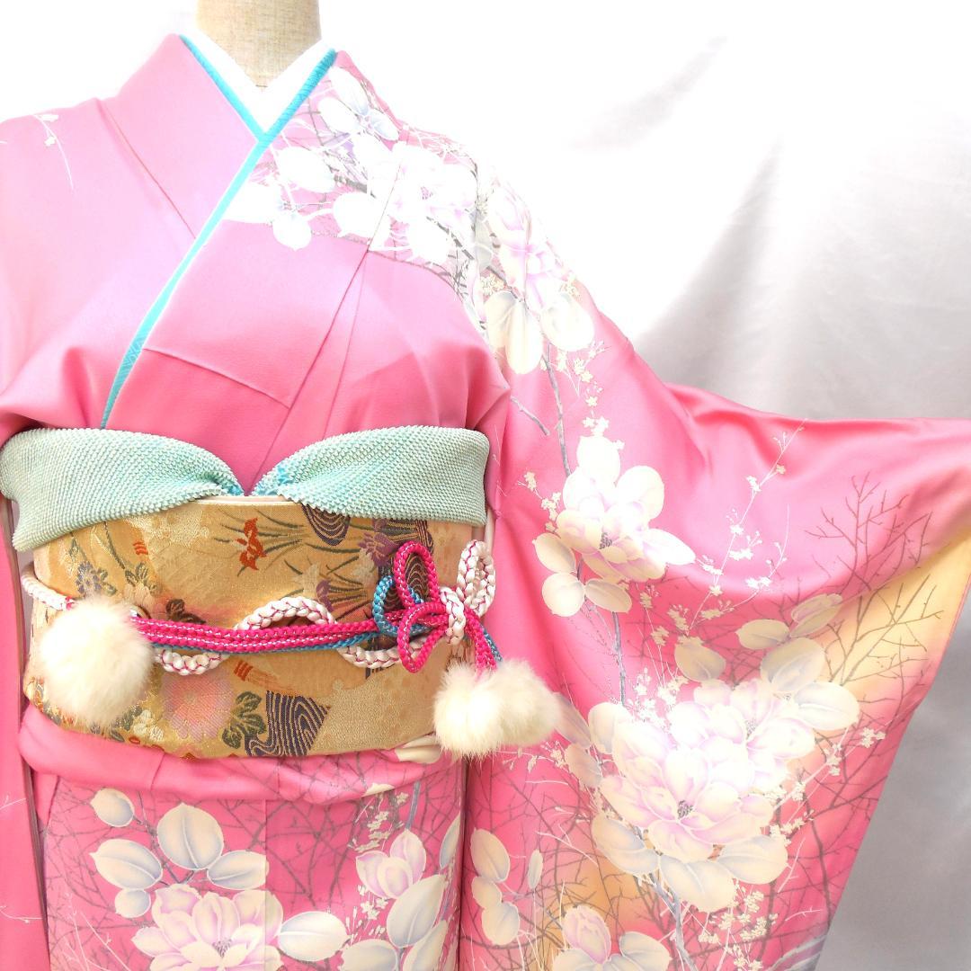 訳あり特価★美品　振袖フルセット　正絹　成人式　振袖　Mサイズ　ピンク　花柄