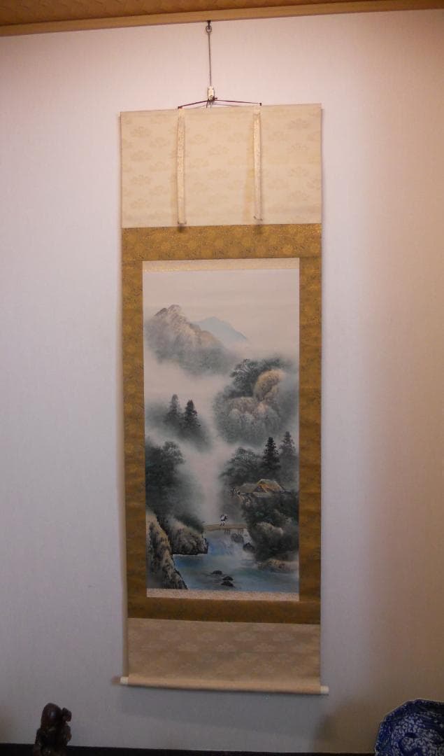 掛け軸 竹鳳 彩色山水 絹本 希少 軸装 茶道具 掛軸 美品です。