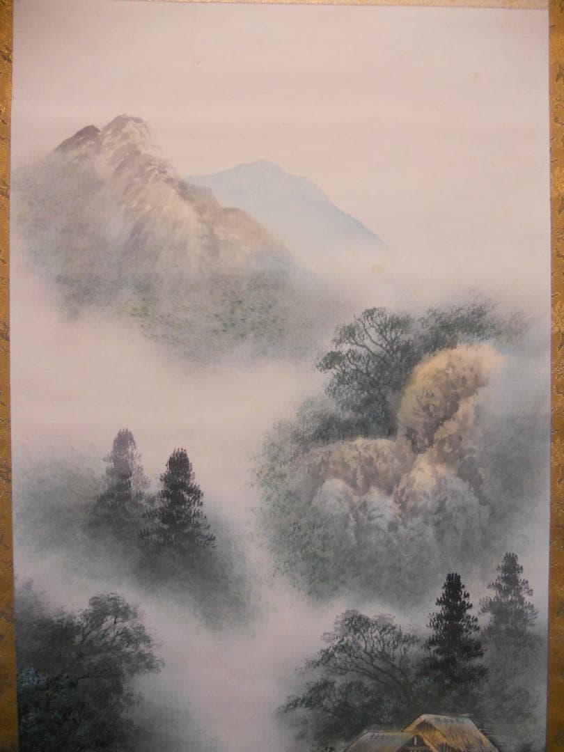 掛け軸 竹鳳 彩色山水 絹本 希少 軸装 茶道具 掛軸 美品です。