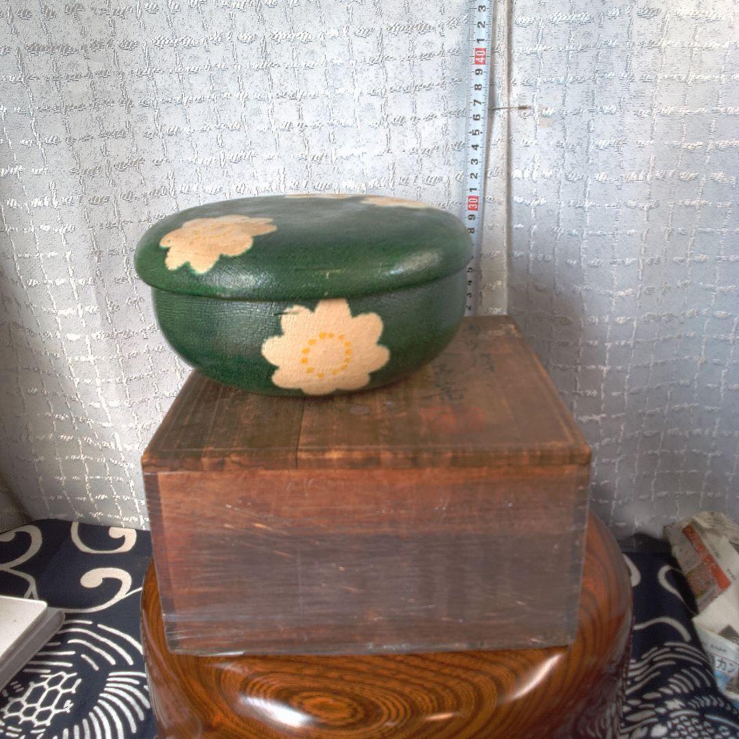 骨董５ 緑色の花模様漆器茶器 木箱付き
