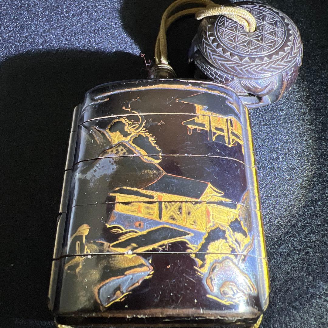 江戸時代　蒔絵木彫五段印籠、透彫木彫根付　43g 東Y8-0109☆2Fタルチ