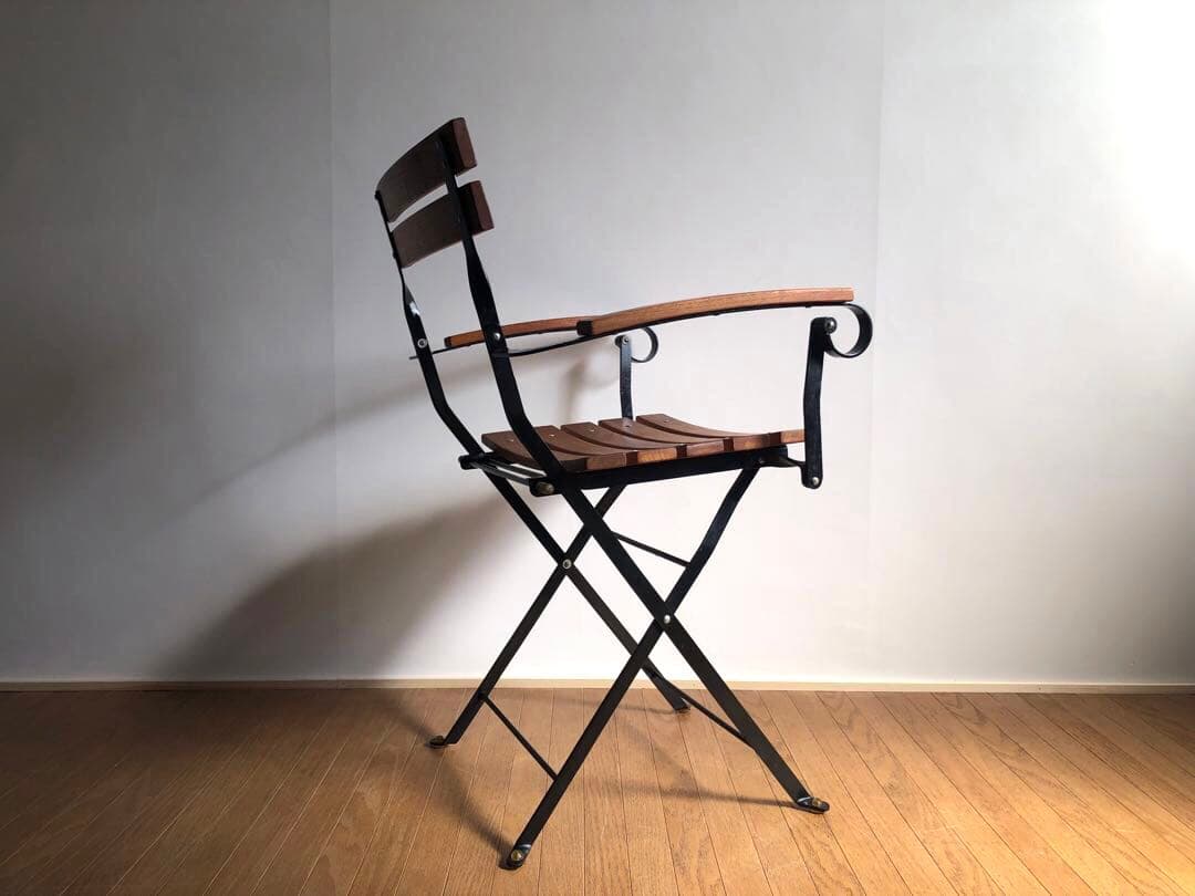 チーク無垢材×鉄枠 フォールディングチェア アーム付き フランス ヴィンテージ