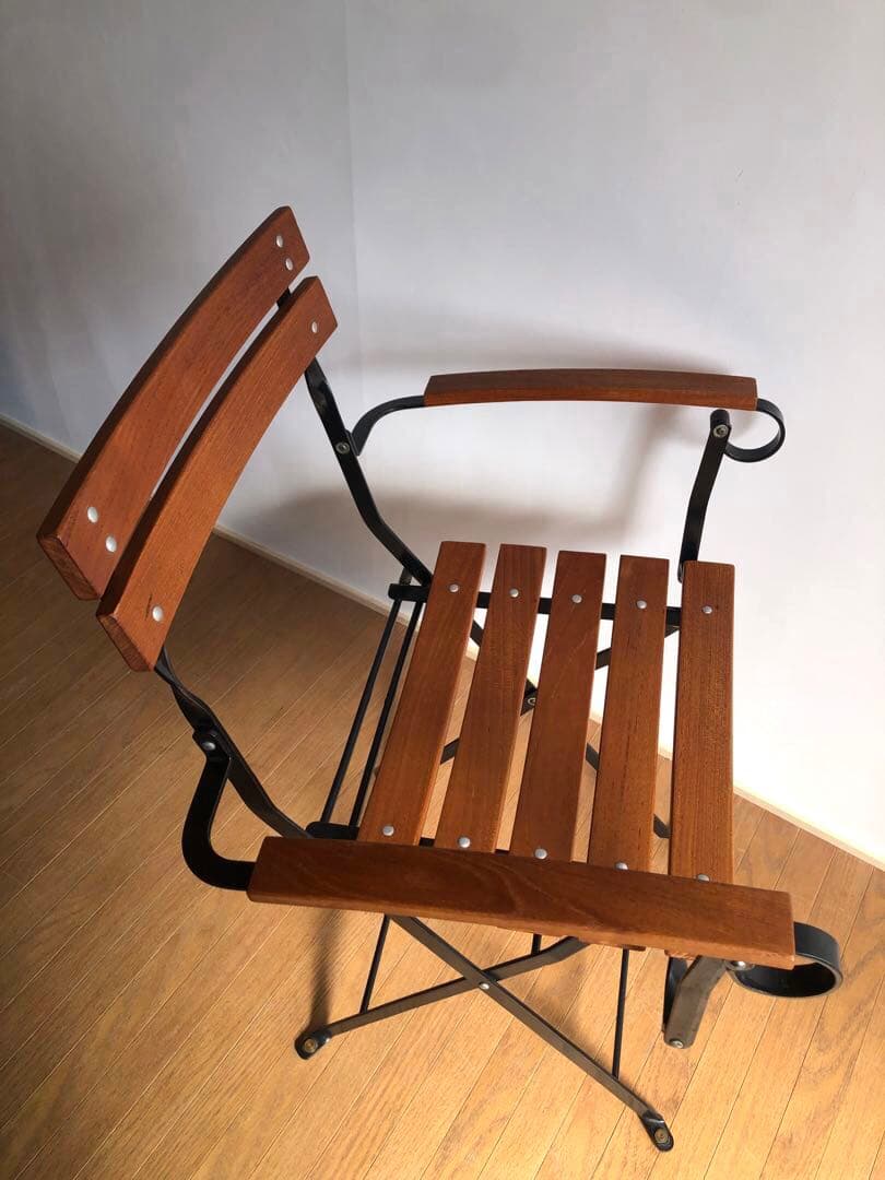 チーク無垢材×鉄枠 フォールディングチェア アーム付き フランス ヴィンテージ