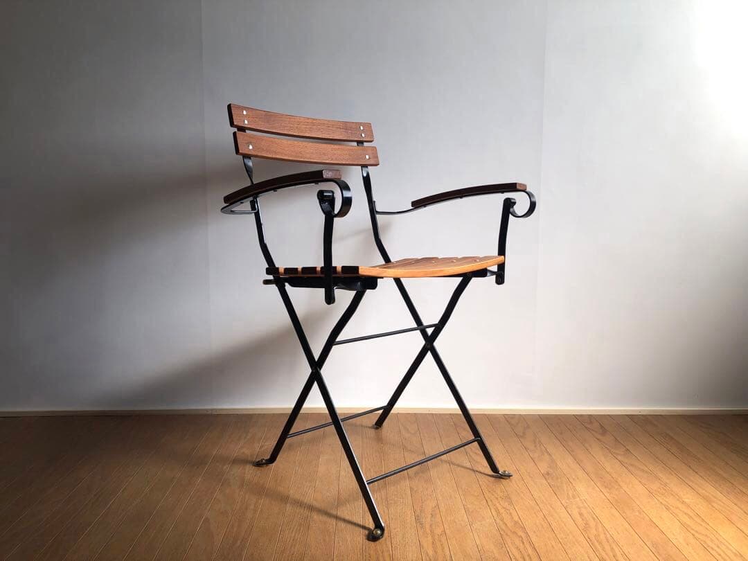 チーク無垢材×鉄枠 フォールディングチェア アーム付き フランス ヴィンテージ