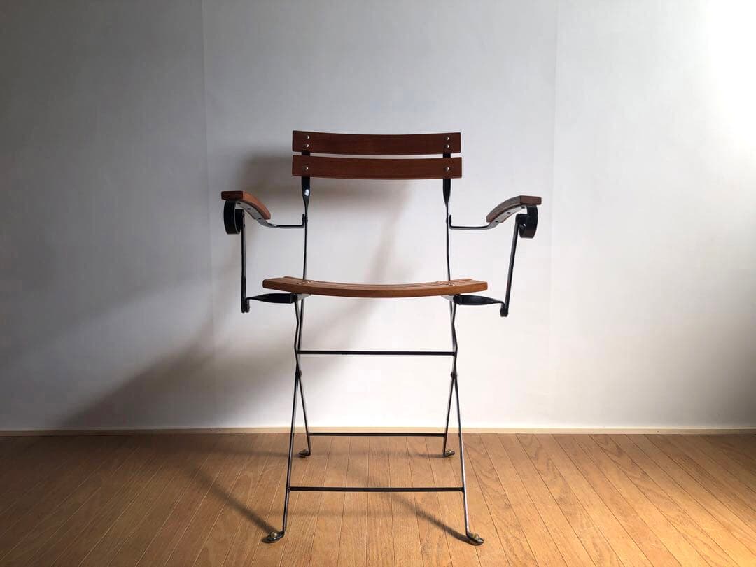 チーク無垢材×鉄枠 フォールディングチェア アーム付き フランス ヴィンテージ