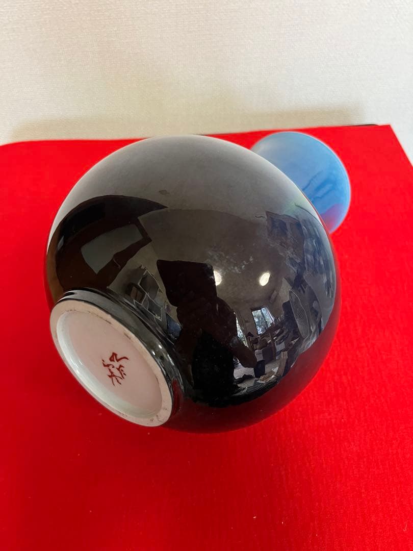 人間国宝 三代 徳田八十吉（正彦銘）碧明釉 花入 高さ 約23.5㎝ T213