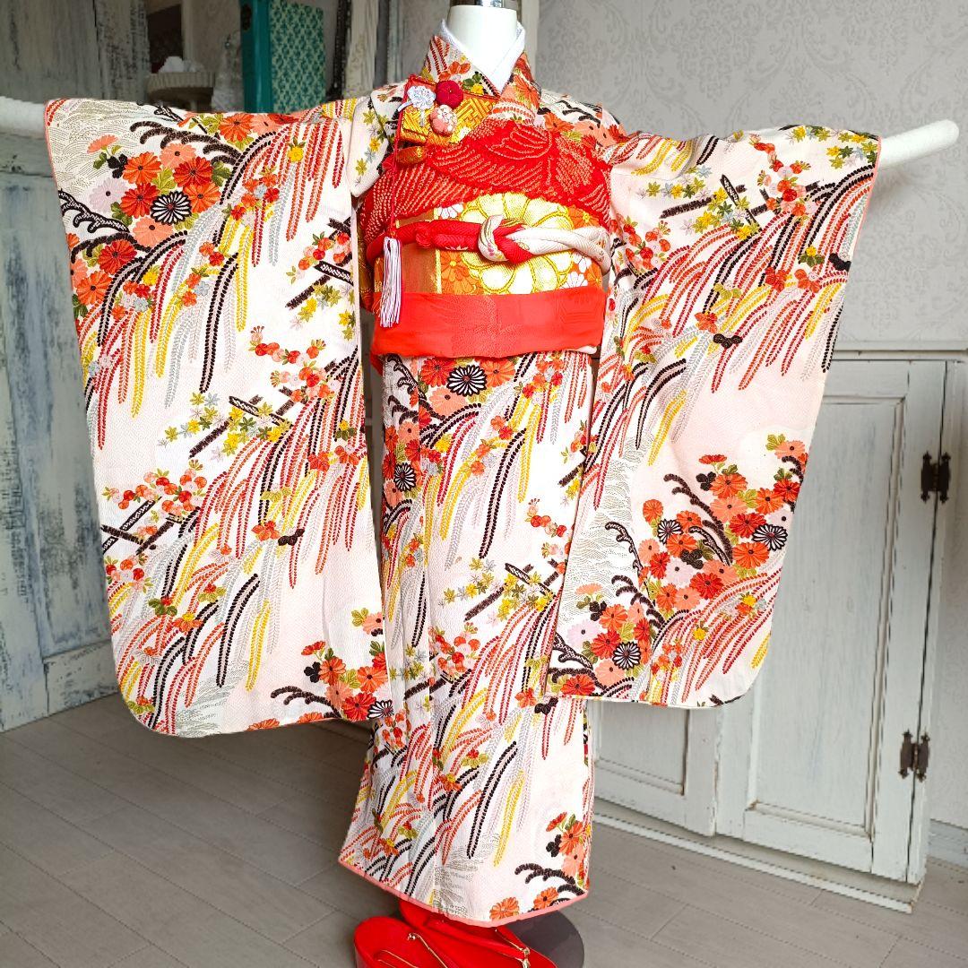 クリーム色に垂れ花が可愛い着物と作り帯セット