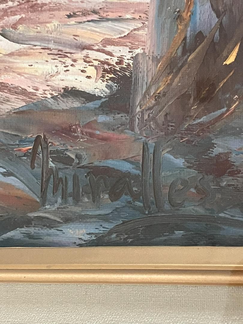 絵画　油彩　風景画　街並み　額装　ヴィンテージアート 油彩額縁付き