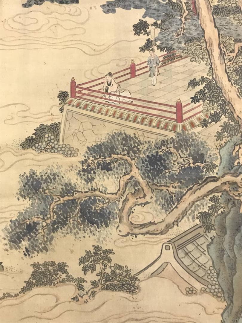 【真作】晃文/青緑山水人物図/大正時代/高士人物図/掛軸☆宝船☆AD-495