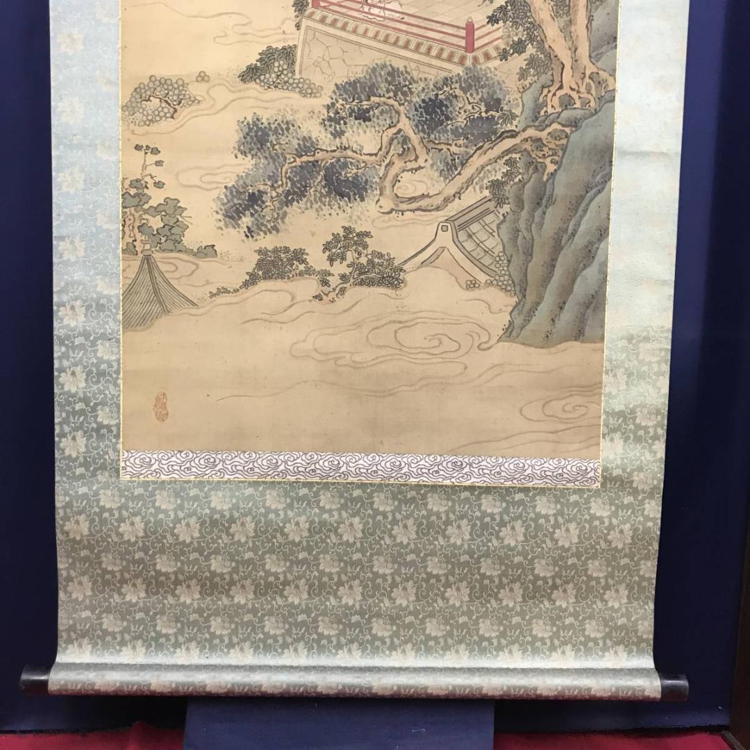 【真作】晃文/青緑山水人物図/大正時代/高士人物図/掛軸☆宝船☆AD-495