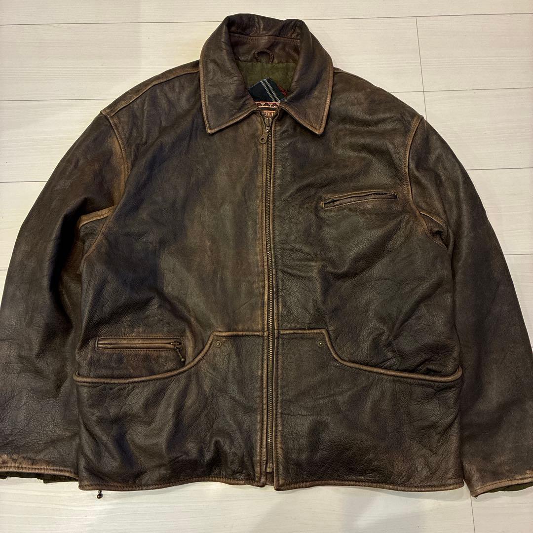 ヴィンテージ レザージャケット シングル ブラウン 本革 裏地 チェック