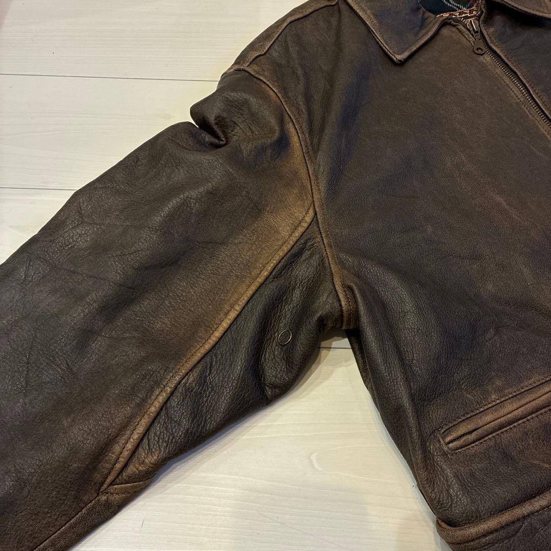 ヴィンテージ レザージャケット シングル ブラウン 本革 裏地 チェック